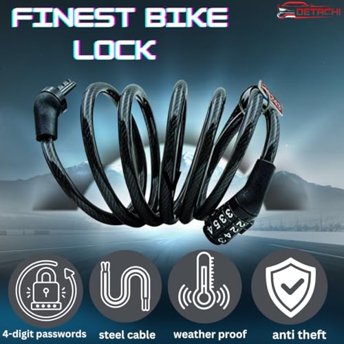 Image of DETACHI Bicycle Lock with 4 Digit Combination Anti Theft Steel Cable Lock for Cycle, Bike & Scooter Heavy Duty Security Lock