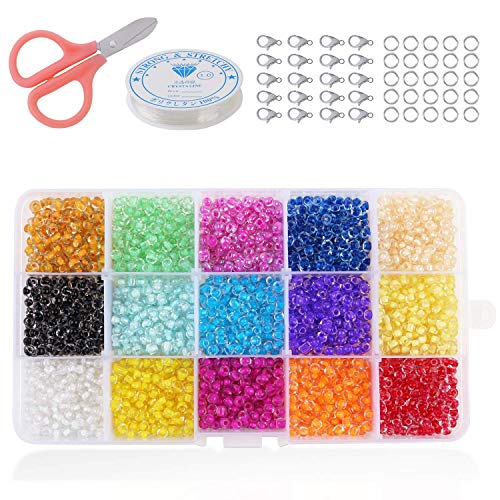 PHOGARY 3500pcs Glass Seed Beads, Mixed Colors Small Pony Beads Assorted Kit Multi Colors Lustered Loose Spacer Beads, 4mm Round, Hole 1.3mm for Jewelry Making, DIY Crafting (15 Colors)