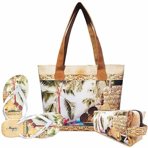 Kit Praia Feminino Chapéu de Palha com Bolsa, Necessaire e Chinelo, Magicc