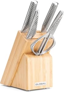 Global Takashi 6-Piece Knife Block Set – Premium Japanese Stainless Steel Kitchen Knives with Razor-Sharp Edges, Lightweight Balanced Design & Stylish Storage Block for Home Chefs