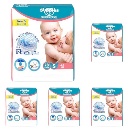 Image of Amazon Brand - Supples Premium Baby Diaper Pants | 78 Baby Diapers | Small | 4-8 Kg | 12 Hrs Absorption | Cushiony Cotton Soft Fabric | Phthalates-Free | Triple Leak Guard (Pack of 5)