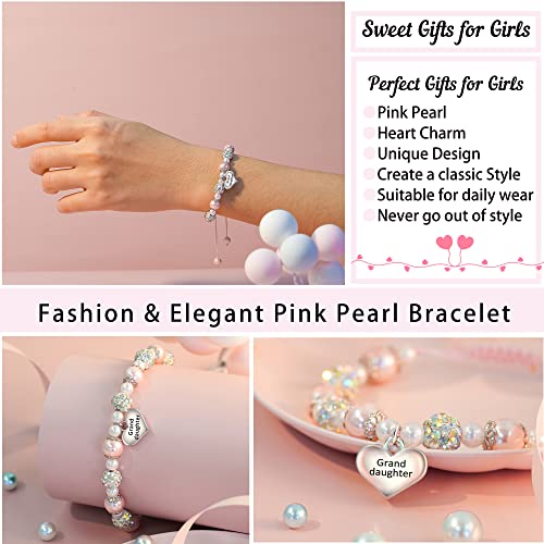 Jeka Granddaughter Bracelets For Girls, Granddaughter Pink Pearl Heart Bracelets Birthday Back To School Girls Jewelry Gifts For Granddaughter From Grandma Grandpa #TOP3