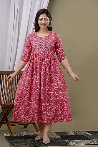 Image of Maternity Feeding Kurti for Women | Cotton Blend Anarkali Dress with Nursing Zip for Pre & Post Pregnancy