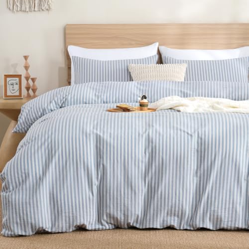 Image of TOCOMOA Blue Striped Duvet Cover Set 100% Washed Cotton Like Linen, Queen