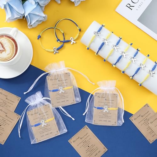 Hicarer 12 Set Down Syndrome Awareness Gifts Blue Yellow Ribbon Bracelet with Health Jewelry Pouch Cards4