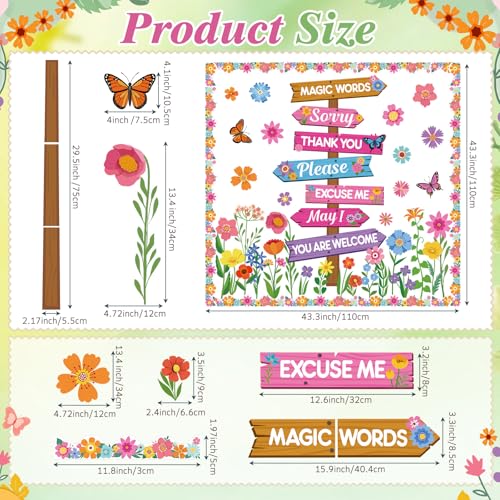 Epakh Flower Bulletin Board Decorations Set Flower Sign Post Classroom Decor Floral Butterfly Accents Cutouts with Borders for Door Wall Back to School Party Supplies