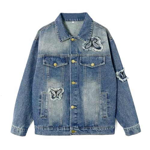 Rolanko Chaqueta Vaquera para Niñas, Chaqueta Jeans Básica Desgastada Outwear Camisas Vaqueras Abotonadas, Mariposa, Tamaño:140