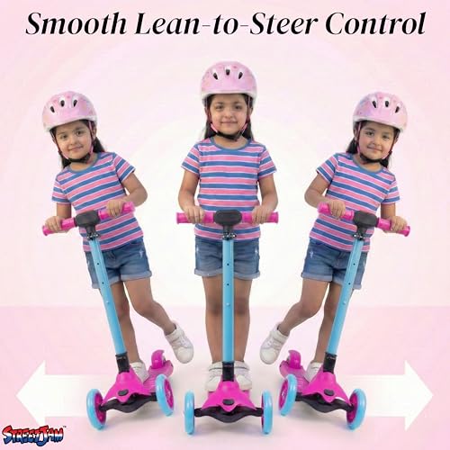 Image of STREETJAM Komiks Kids Kick Scooter for 3-12 Years, Tilt & Turn Safety Lock (1st Time in India), BIS Approved, Lean-to-Steer, Wide Deck, Adjustable Height, Up to 35 kg Load (Magenta with Cyan Blue)