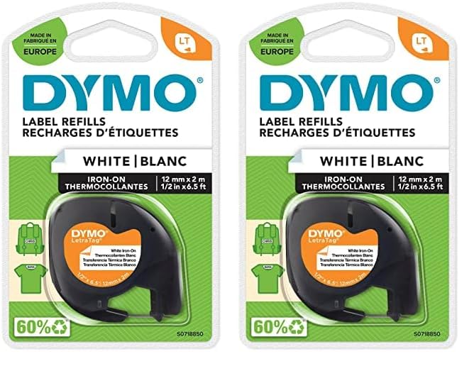 DYMO LT etiquetas auténticas para ropa | Negro sobre blanco | 12 mm x 4m | Hierro en las etiquetas de tela para las etiquetadoras LetraTag | autoadhesivo (Paquete de 2)