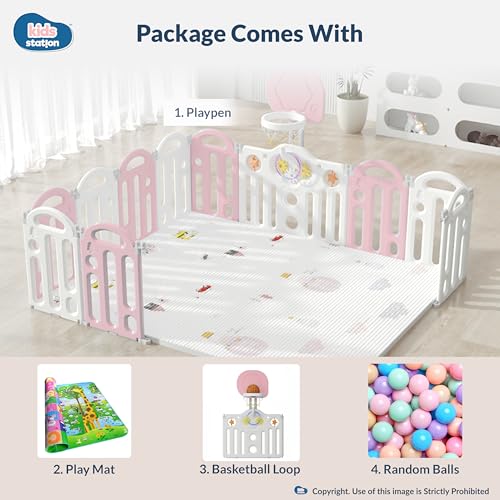 Image of Kids Station Pink Bear Baby Playpen 180 x 200 with Playmat, Basketball Hoop & 20 Balls, Spacious Safety Play Yard for Babies & Toddlers, Indoor /Outdoor Use, Sturdy Frame