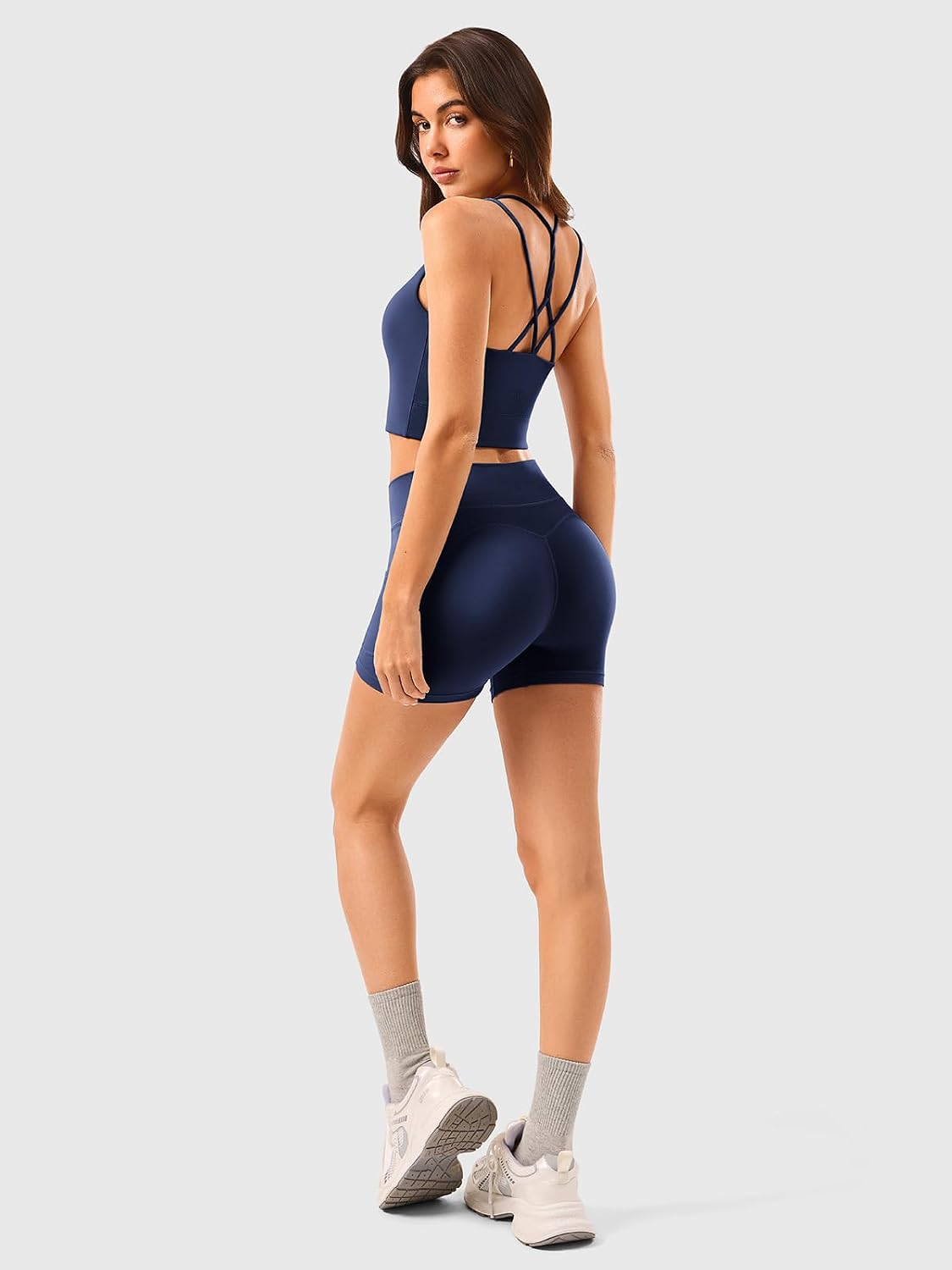 Women 2 Piece Workout Sets Cross Back Longline Tank Top Padded Strappy High Waisted Biker Shorts Matching Yoga Gym Outfits
