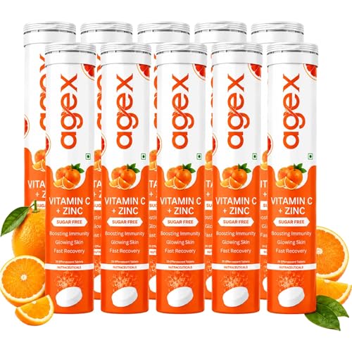 Image of Vitamin C+Zinc Effervescent Tablets | Natural Amla Extract 1000mg + Vit C 80mg + Zinc 10mg | Immunity Booster for Skin, Hair & Nails | Supports Collagen Production |Orange Flavour | Sugar-Free | 200 Effervescent Tablets (Pack of 10)