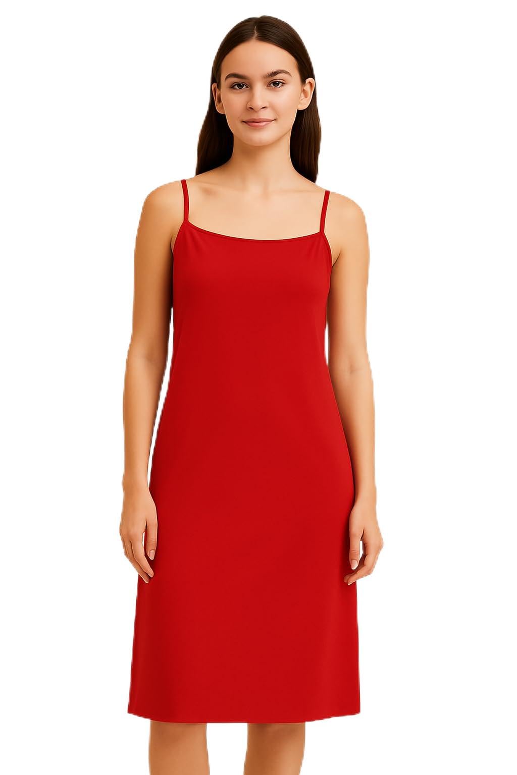Women's Classic Red Slip Dress, A-Line Silhouette, Adjustable Spaghetti Straps, Breathable Fabric, Knee Length, Casual-picture-31