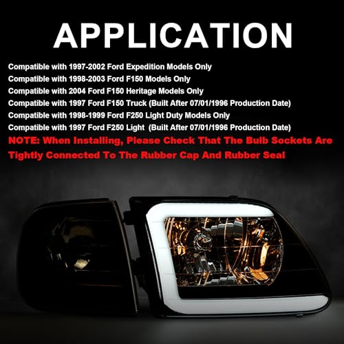 Image of GRAND ORANGE Lightning Style Headlights Assembly LED DRL strip Compatible with 1997-2002 Ford Expedition /1997-2004 F150 /1997-1999 F250 Smoke Lens Black Housing Amber Reflector