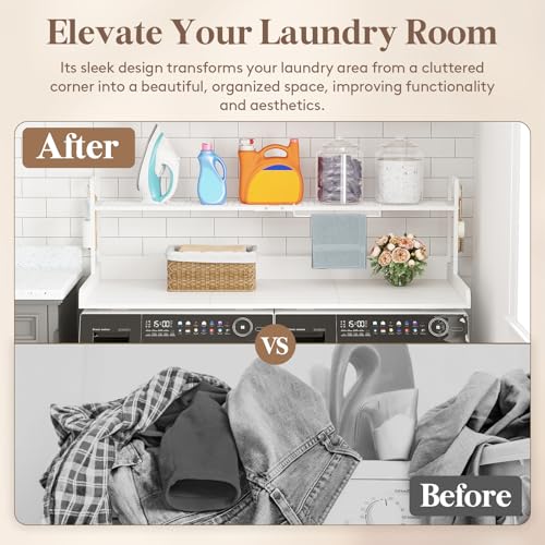 Image of Lifewit Washer Dryer Adjustable Countertop with Shelf, White, 54''x 27.5'' | Adjustable shelf, melamine top cover, edge rails and towel rack support up to 200 lb for laundry room storage