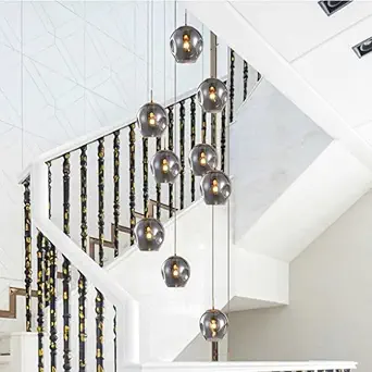 Harold Electricals 10 Light Ordo Staircase Long Glass Chandelier| Modern Staircase Ceiling Light Fixture for Hallway, Living Room, Hotel & Entryways - Smoky Grey Glass (55cm X200cm)
