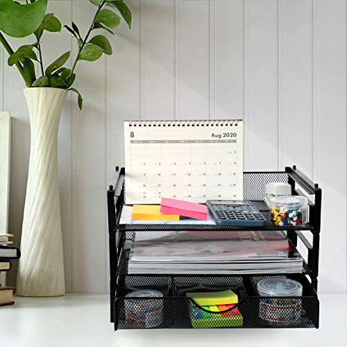 Samstar Stackable Letter Tray, 3 Tier Desk File Organizer Paper Sorter with 1 Extra Drawer Mesh Made,Black - Thumbnail 6