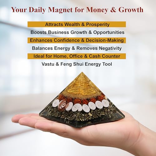 Image of JD FRESH Pyrite Pyramid with Rudraksha, Gomati Chakra, Shree Yantra /Vastu Wealth & Protection Pyramid for Home /Office Business /Feng Shui Crystal for Money Success Positive Energy