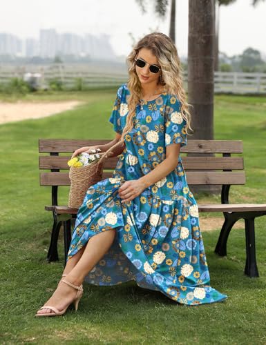 Image of YESNO Women Casual Loose Bohemian Floral Dress with Pockets Short Sleeve Long Maxi Summer Beach Swing Dress EJF