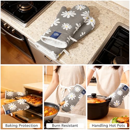 Image of Encasa XO Extra Long 18x35 cm Microwave Oven Gloves Mitts (2 pcs) for Kitchen Cooking - Daisy Grey - Heat Resistant, Thick & Safe, Protection of Hands from Hot Utensils, Gas Flame, Grill, Barbecue