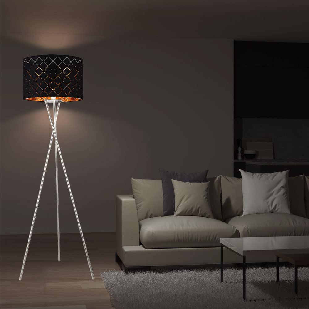 Stehlampe Textilschirm schwarz gold Beistellleuchte 3 Bein Stativleuchte Textil, Nickel matt, E27 Fassung, DxH 62x158 cm