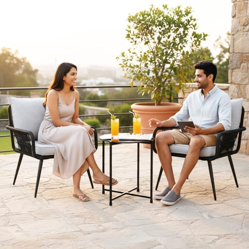 Image of DEVOKO Outdoor Rope 3-Piece Patio Set with Water-Resistant Cushions Perfect for Outdoor Entertaining and Relaxing on Your Patio, Balcony, Garden, Terrace, Deck (Black and Grey)
