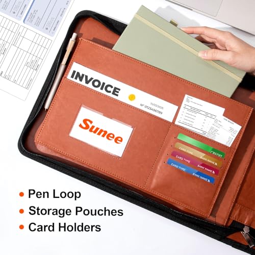 Image of SUNEE Zippered Business Checkbook Binder 7 Ring 1 Inch with Zipper for Business Checks (9 inch x 13 inch), PU Leather Check Binder Holds 600 Checks Capacity for Executive Supplies, Brown