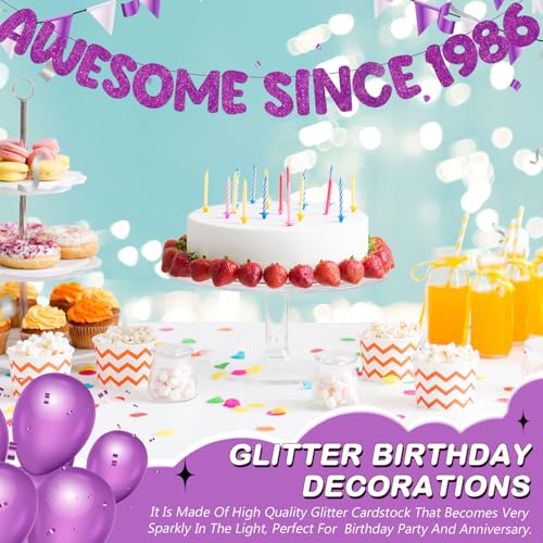 Image of Fulmoon Pre-strung Awesome Since 1986 Banner Glitter Happy 40th Birthday Banner Funny 40th Birthday Decorations 1986 Party Decorations for Men Women Anniversary(Purple)