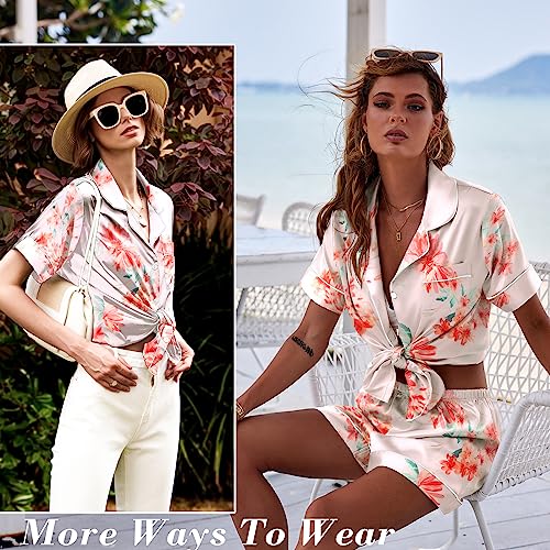 Image of Ekouaer Silk Pajamas for Women Short Sleeve Sleepwear Soft Button Down Loungewear 2 Piece Satin Pjs Shorts Set,Floral Light Pink,M