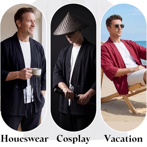 Image of Haseil Men's Kimono Cardigan Japanese Jackets Casual Cotton 3 /4 Sleeve Shirt Open Front Coat Lightweight Linen Outwear