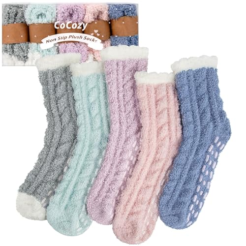 Fuzzy Socks with Grips for Women, 5 Pairs Soft Fluffy Sleep Cozy Hospital Socks Non Skid Plush Slipper Socks Gifts