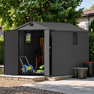 Devoko 6x10 FT Plastic Outdoor Storage Shed - Lockable Resin Tool Shed with Window & Floor, Dark Gray
