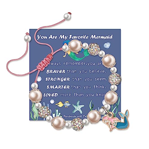 Cute Mermaid Bracelet Pink Pearl and Rhinestone Bracelet Mermaid Gifts for Daughter Niece Mermaid Lover Stuff Birthday Gifts