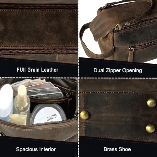 Image of Rustic Town Leather Toiletry Bag for Men & Women - Multifunctional Travel Organizer, Shaving Kit, Makeup Kit, Cosmetic Pouch - Travel Toiletries Gifts (Dark Brown)