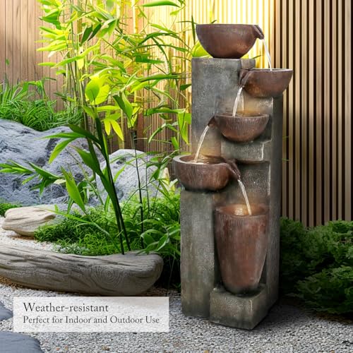 Image of SunJet 5-Tier Cascading Indoor /Outdoor Water Fountain with LED Lights - 39.7 inch High Large Waterfall Floor Standing Fountain for Garden, Patio, Yard, and Deck Decor - Relaxing Outdoor Water Feature