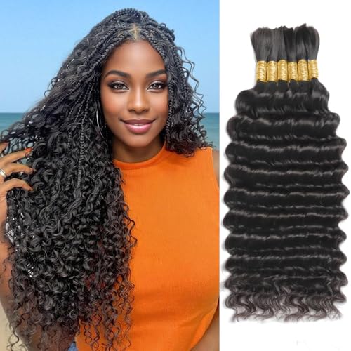 Human Braiding Hair for Boho Braids 150g 6 Bundles/Pack 20 Inch Deep Wave Bundles Human Hair Curly Boho Hair for Braiding 12A Bulk Braiding Hair Wet and Wavy Natural color