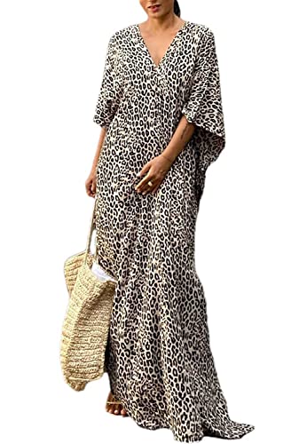 Orshoy Women Kaftan Dress Free Size Caftans Long Tunic Kimono Maxi Everyday Beach Cover Ups Loungewear D-Yellow Leopard