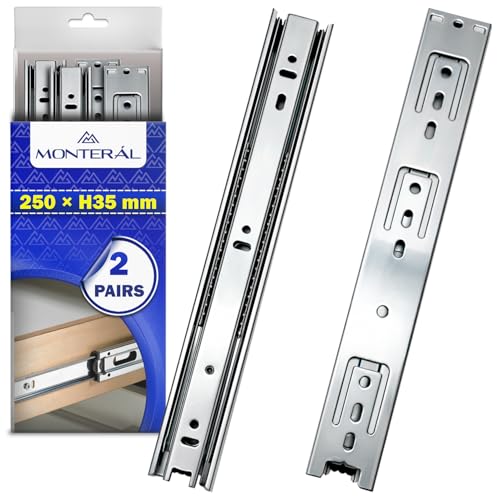 2 Pares Guias Correderas para Cajones con Rodamiento de Bolas 250 mm x H 35 mm - Rieles para Cajones Telescopicas de Extensión Total - Garantía de 10 Años - MONTERAL