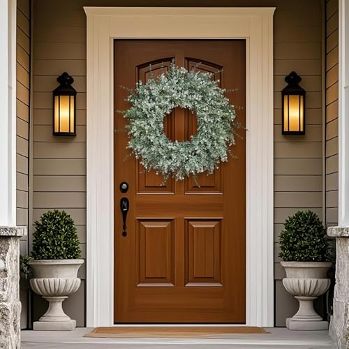 Image of 26 inch Large Artificial Eucalyptus Wreath for Front Door Decor (White-Green) | Eucalyptus Lavender Wreath with Baby's Breath Flowers, for Front Porch Home Farmhouse Outdoor Spring Summer All Season Decor