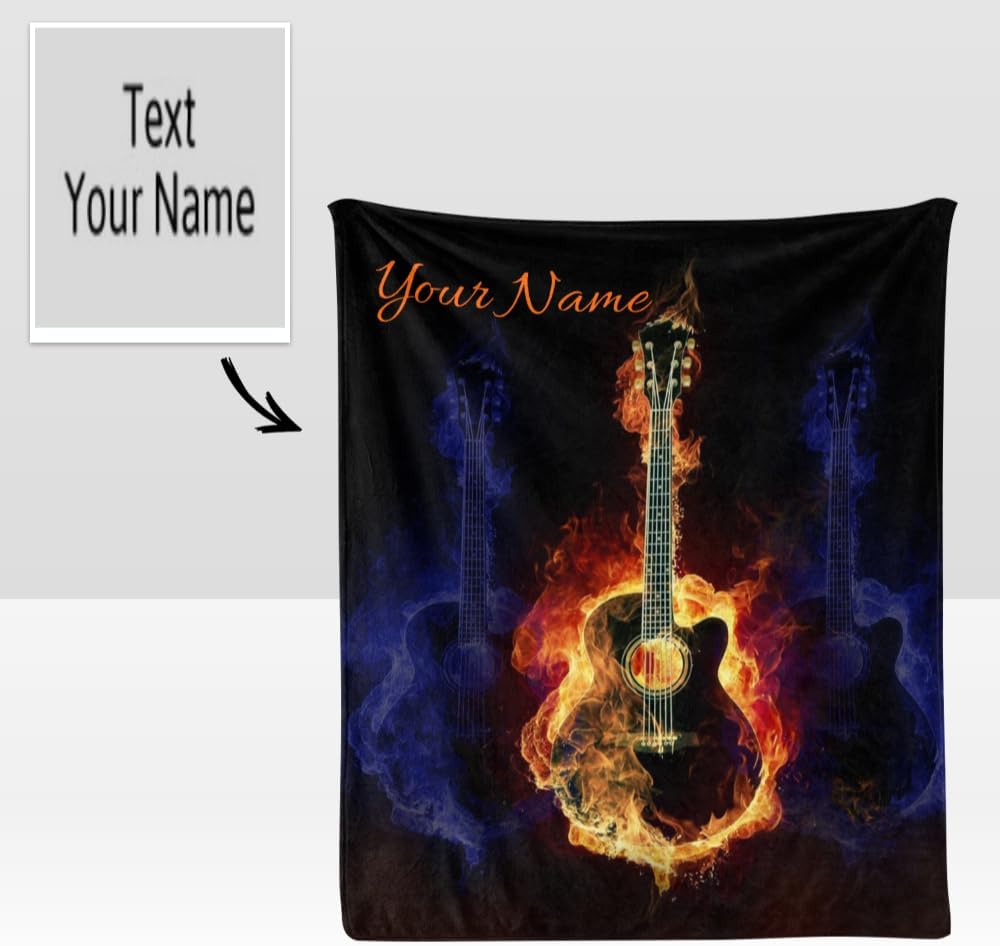 Custom Blanket with Name Text,Personalized Burning Guitar Super Soft Fleece Throw Blanket for Couch Sofa Bed (50 X 60 inches)