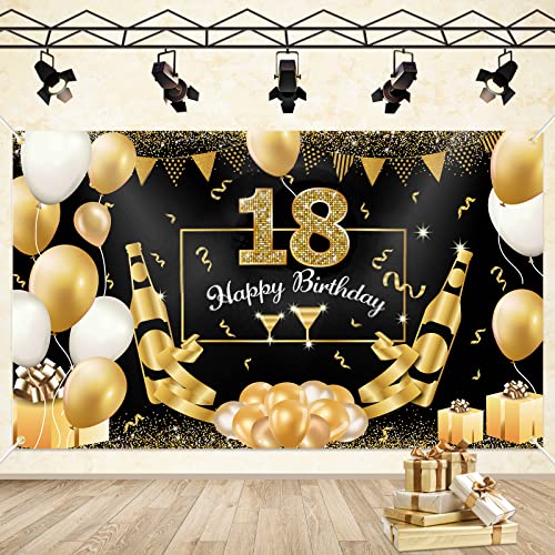 YOTANGO 18. Geburtstag Dekoration, 18. Geburtstag Banner Schwarz Gold, Deko 18. Geburtstag Mädchen, Banner 18. Geburtstag für Jungen Mädchen Geburtstag Party Wand Deko Cover