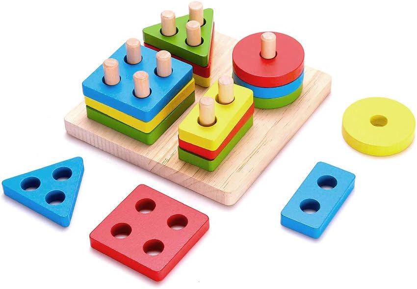 Wooden Geometric Toys for Kids, Educational Geometric Stacking Blocks Shape Color Recognition Puzzle Toys for Toddler Boys and Girls