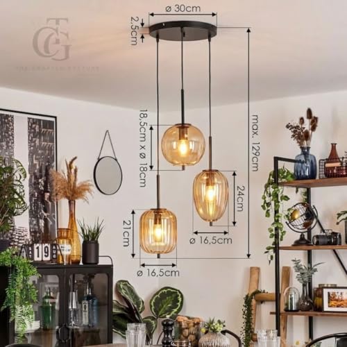 Image of Decorative Glass Pendant Lights|Perfect for Kitchen, Dining Room, Cafe or Living Room Lighting|Set of 3 Elegant Ribbed Amber-Glass Shades