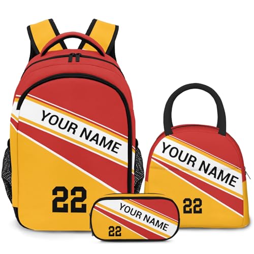 Custom Kids Backpack with Name Personalized Schoolbag Set with Lunch Box Pencil Case for 6-8 10-12 14-16 Back to School Gift (Red Yellow)
