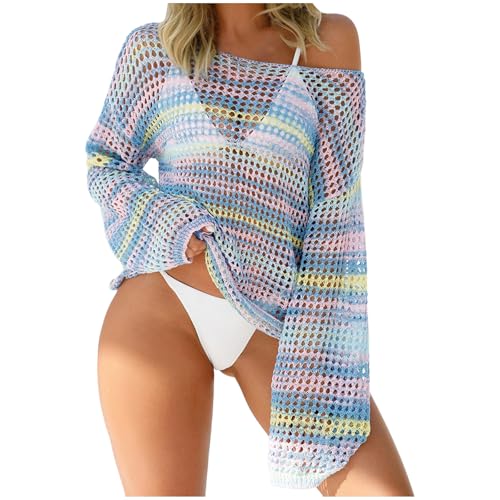 Ropa de Playa de Malla Hueca de Verano para Mujeres, Suéter de Punto de Un Hombro, Blusa Traje de Baño de Color Surtido Vestido de Verano, azul, L