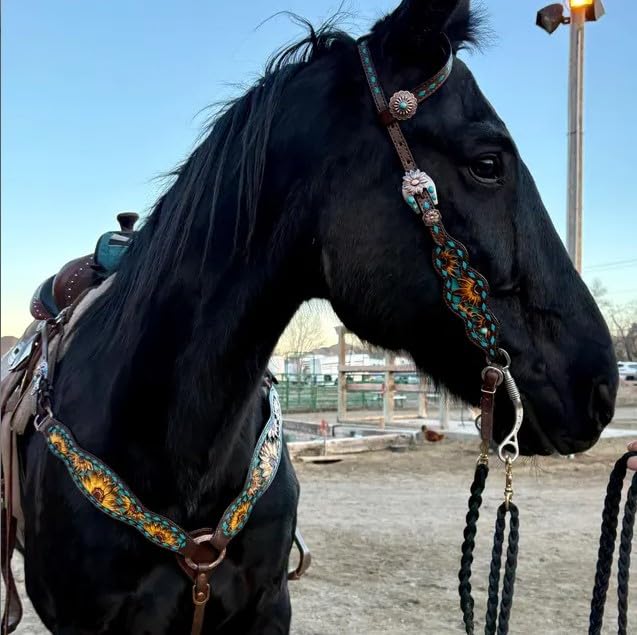 MOUSM Sunflower Carved One Ear Headstall Bridle Breast Collar Set - Genuine Argentina Cow Leather with Teal Rawhide Buck Stitching - Perfect