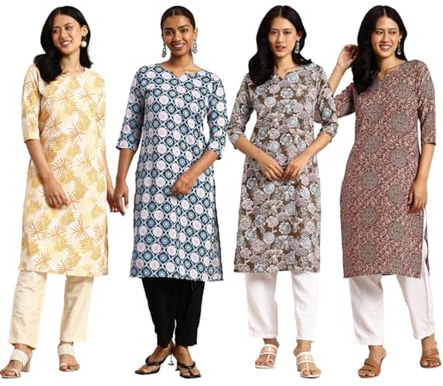 Image of JAKHANA Women's Crepe Printed Casual Straight Calf Length Round Nick Kurta Pack of 4