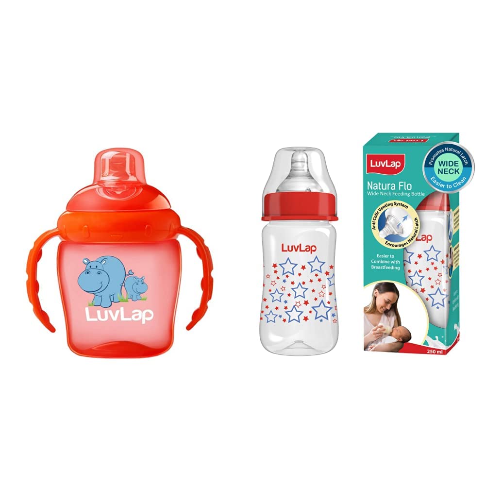 Luvlap Hippo Sipper, 225ml with Wide Neck Feeding Bottle, 250ml