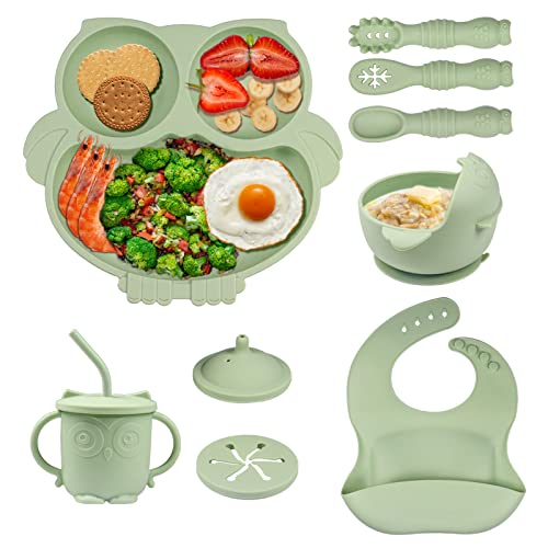 Hovineumoo 9 Piezas Vajilla De Silicona para Bebés Con Ventosa, Platos Con Cuenco Cuchara Tenedor Tazas Babero, Antideslizante y Impermeable, Sin BPA, Apto para Lavavajillas (verde)