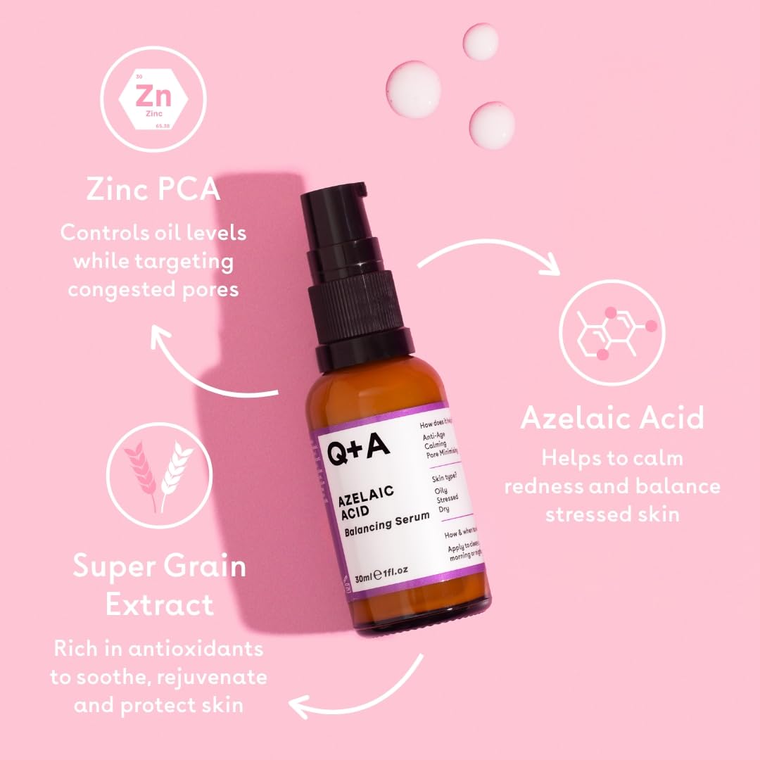 Q+A azelainowym Serum wyrównujące pH, zawierające cynk PCA minimalizujący pory i antyoksydanty dla odświeżonej i gładszej skóry, 30 ml.
